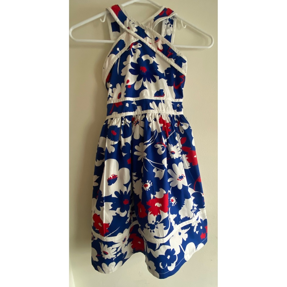 The Childrens Place Girls Size 10 Blue White Red Floral Halter Sun Dress Cotton